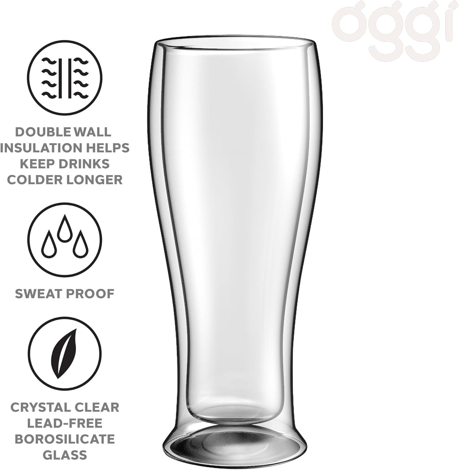 imageOggi Beer Double Wall Insulated Glass Mug Ideal for IPA ale lager stout pilsner Beer Stays Cool Longer Even Outdoors Visually Stunning 14oz  400ml Set of 2Clear