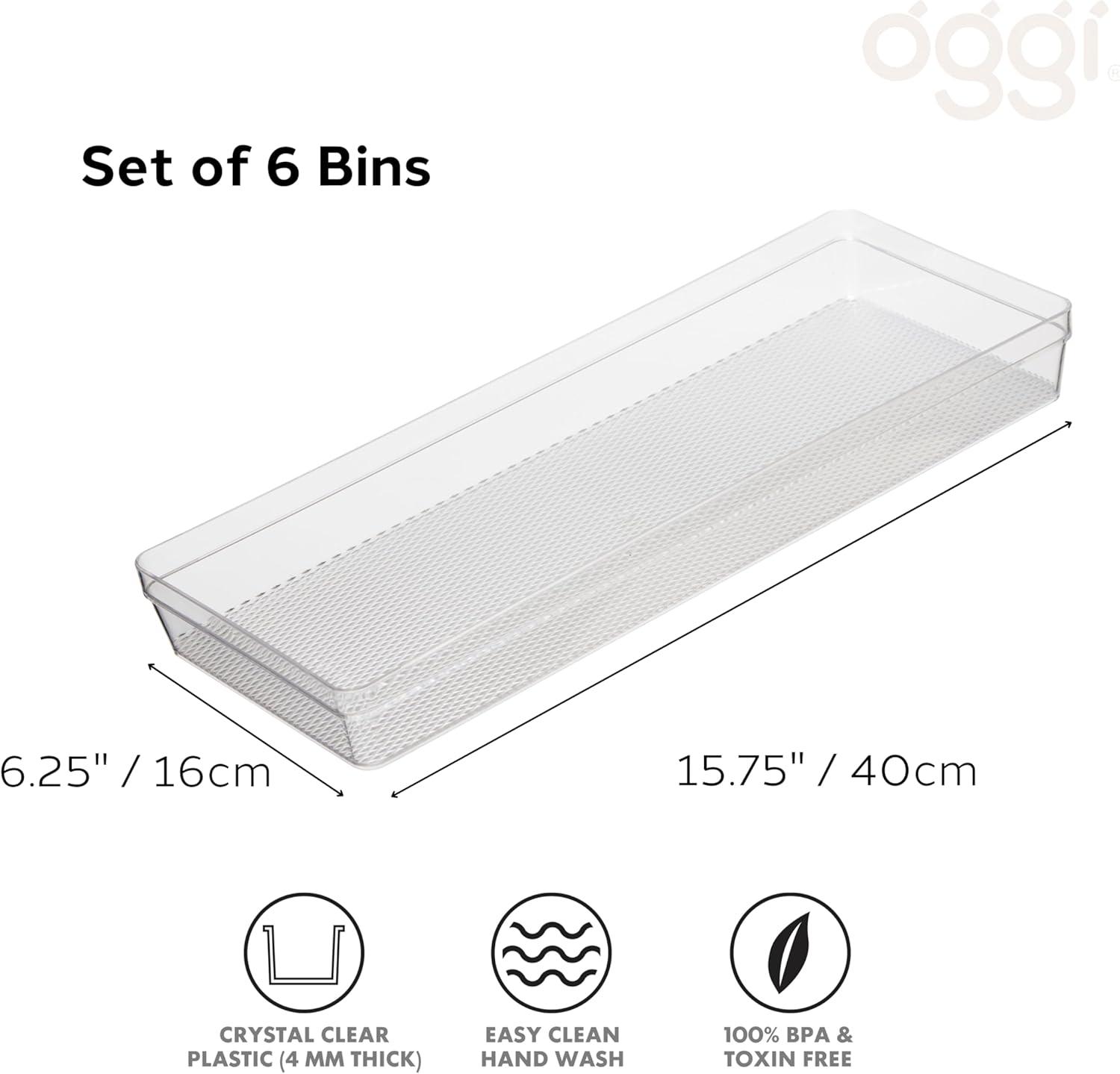 imageOggi Clear Drawer Organizer  3quot X 125quot Set of 6  Ideal for Organizing Kitchen Drawers Office Desk Silverware Kitchen Utensils Cosmetics and Bathrooms625 by 1575 set of 6