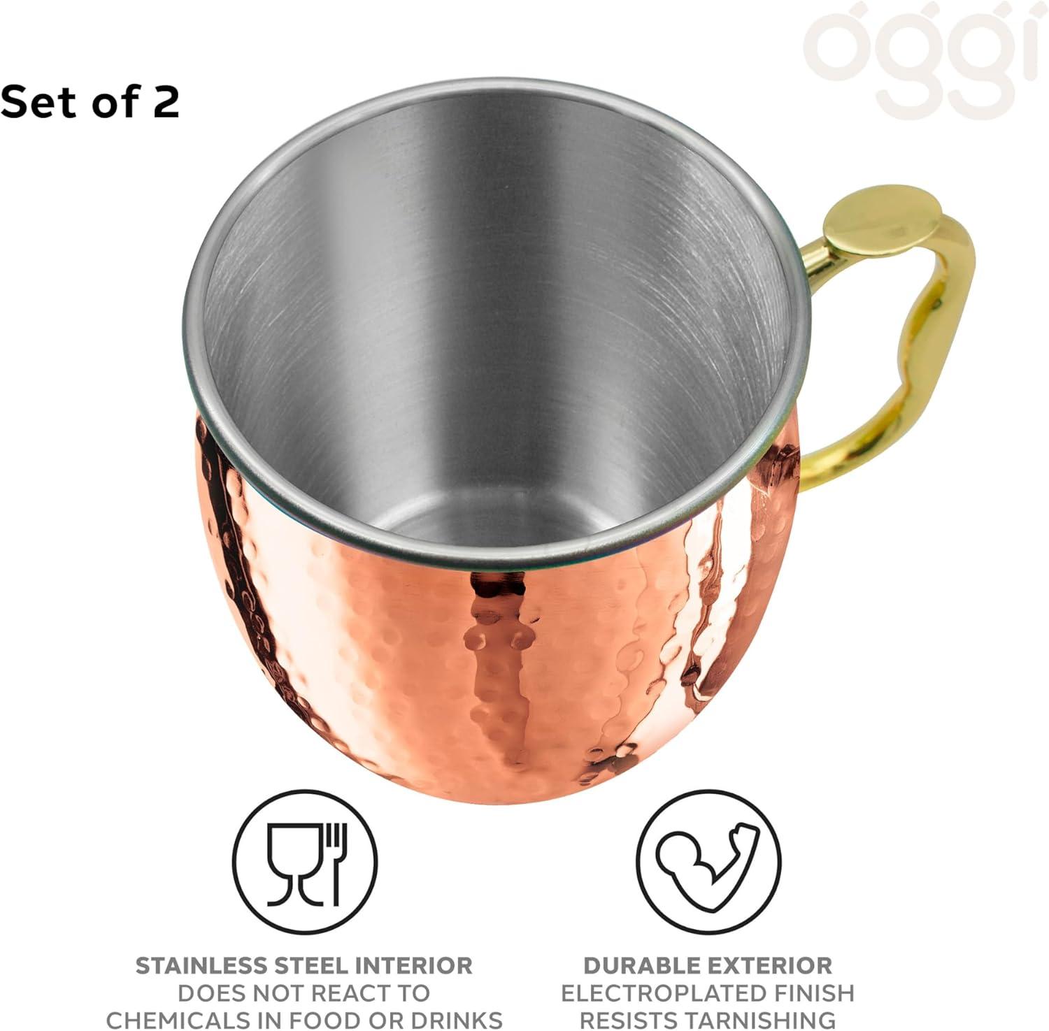 imageOggi Set of 2 Hammered Stainless Steel Moscow Mule Mugs 18oz Copper Plated Moscow Mule Cups wEZGrip Handle Cocktail Cart ampamp Home Bar Accessories Great Kitchen Gifts18 oz Hammered Set of 2