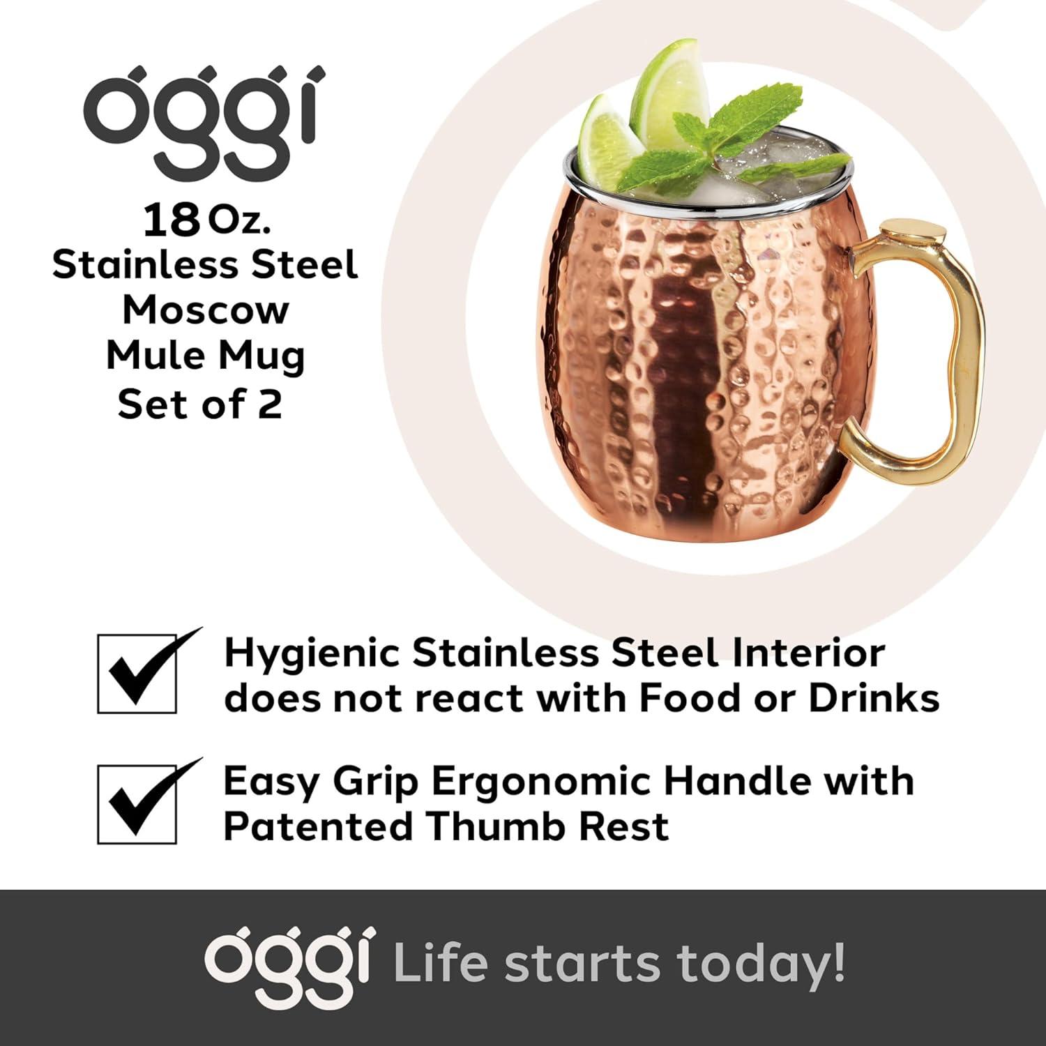 imageOggi Set of 2 Hammered Stainless Steel Moscow Mule Mugs 18oz Copper Plated Moscow Mule Cups wEZGrip Handle Cocktail Cart ampamp Home Bar Accessories Great Kitchen Gifts18 oz Hammered Set of 2