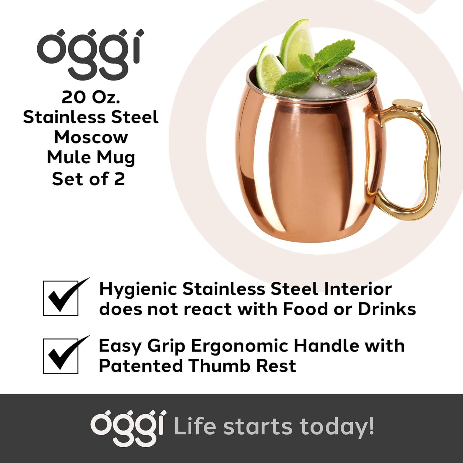 imageOggi Set of 2 Hammered Stainless Steel Moscow Mule Mugs 18oz Copper Plated Moscow Mule Cups wEZGrip Handle Cocktail Cart ampamp Home Bar Accessories Great Kitchen Gifts20 oz Classic Set of2