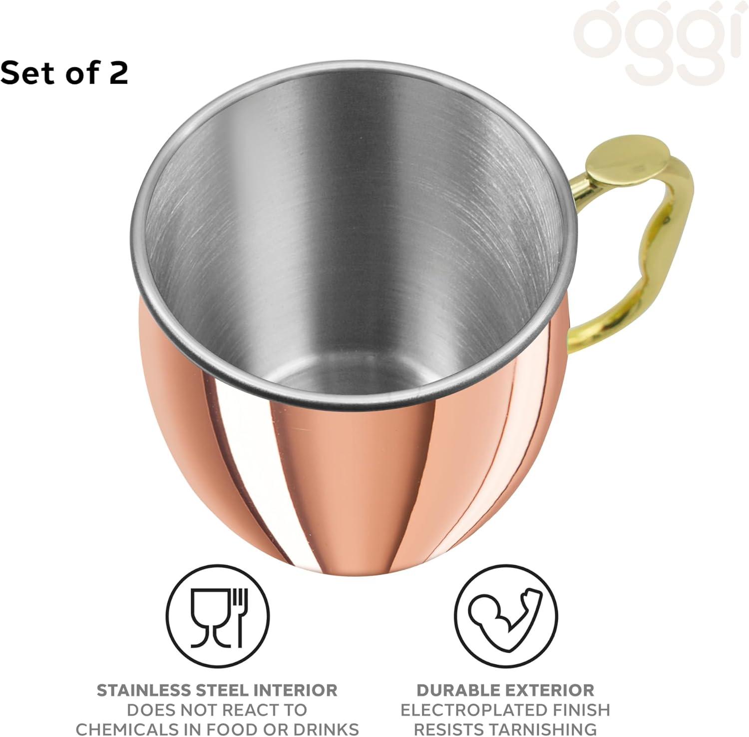 imageOggi Set of 2 Hammered Stainless Steel Moscow Mule Mugs 18oz Copper Plated Moscow Mule Cups wEZGrip Handle Cocktail Cart ampamp Home Bar Accessories Great Kitchen Gifts20 oz Classic Set of2