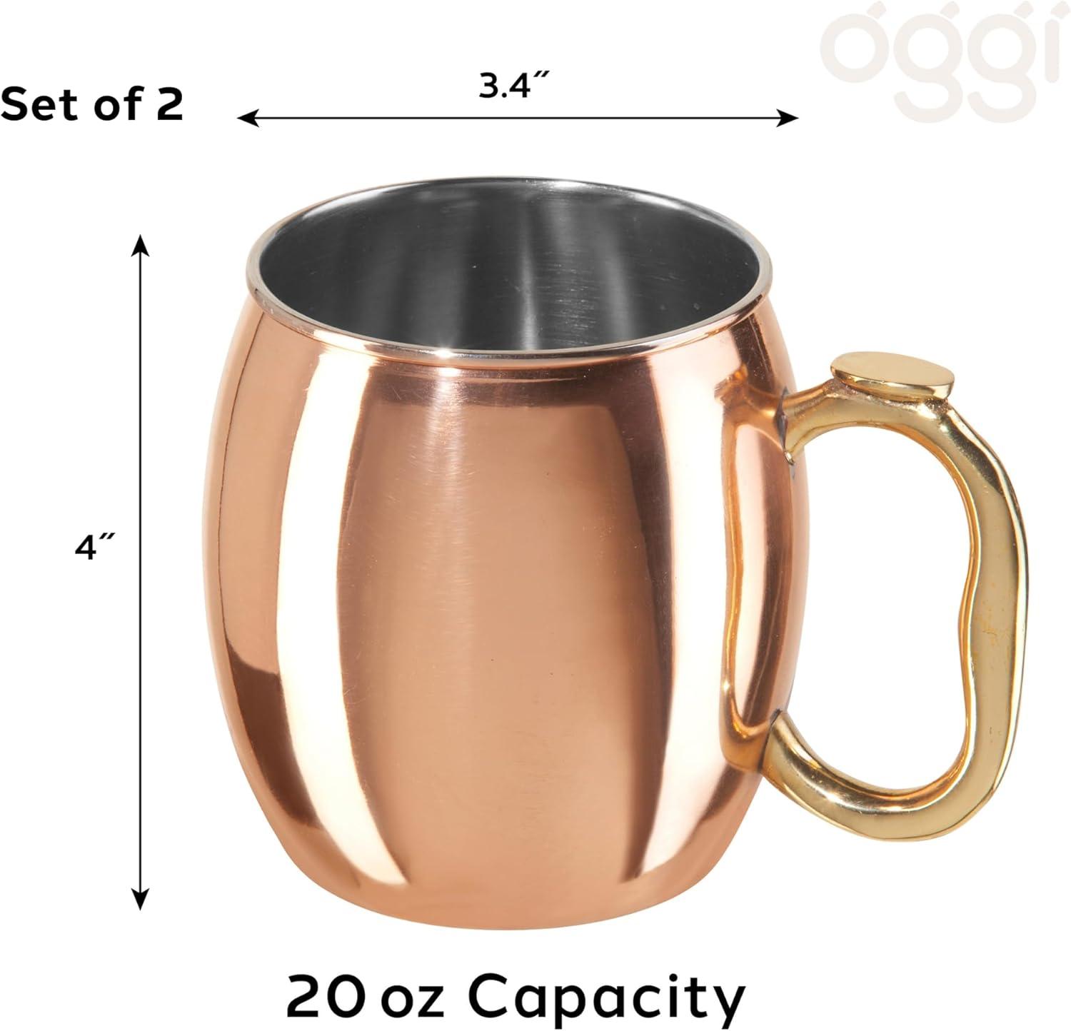 imageOggi Set of 2 Hammered Stainless Steel Moscow Mule Mugs 18oz Copper Plated Moscow Mule Cups wEZGrip Handle Cocktail Cart ampamp Home Bar Accessories Great Kitchen Gifts20 oz Classic Set of2