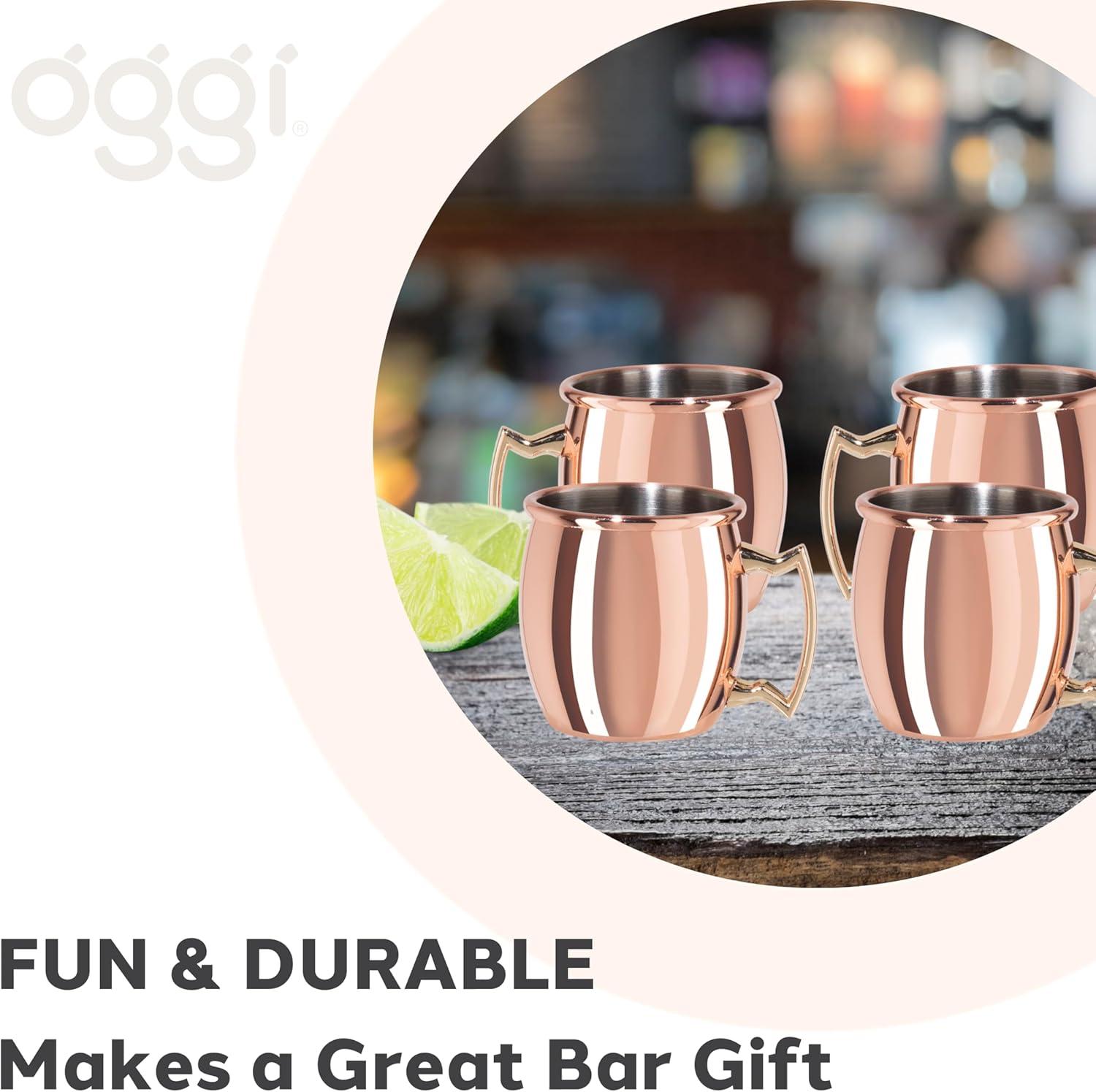 imageOggi Set of 2 Hammered Stainless Steel Moscow Mule Mugs 18oz Copper Plated Moscow Mule Cups wEZGrip Handle Cocktail Cart ampamp Home Bar Accessories Great Kitchen Gifts2 oz Shot Set of 4