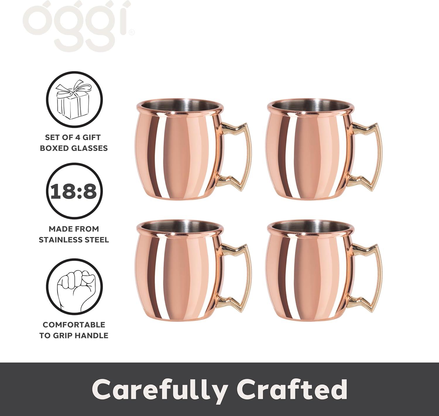 imageOggi Set of 2 Hammered Stainless Steel Moscow Mule Mugs 18oz Copper Plated Moscow Mule Cups wEZGrip Handle Cocktail Cart ampamp Home Bar Accessories Great Kitchen Gifts2 oz Shot Set of 4