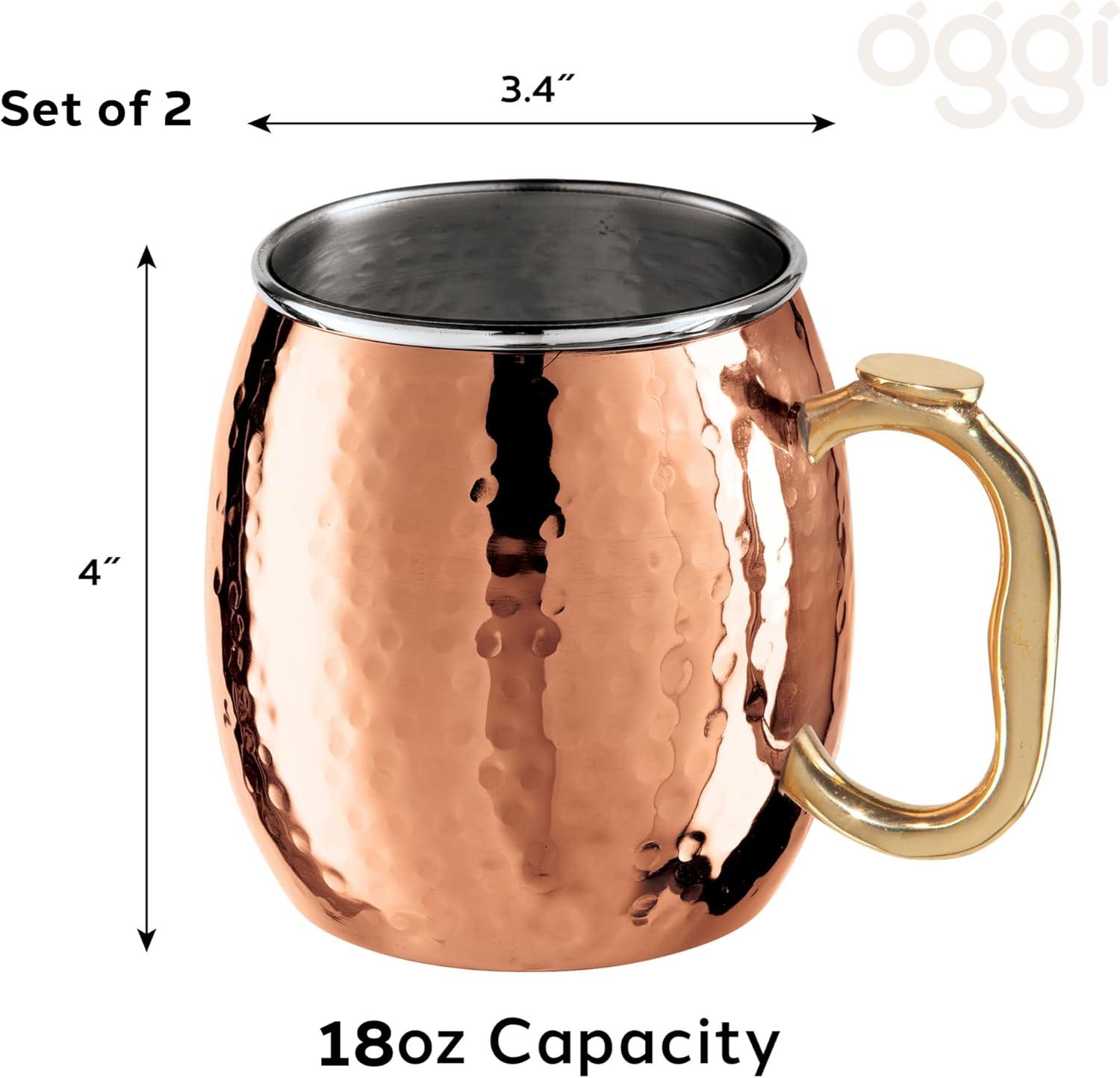 imageOggi Set of 2 Hammered Stainless Steel Moscow Mule Mugs 18oz Copper Plated Moscow Mule Cups wEZGrip Handle Cocktail Cart ampamp Home Bar Accessories Great Kitchen Gifts18 oz Hammered Set of 2