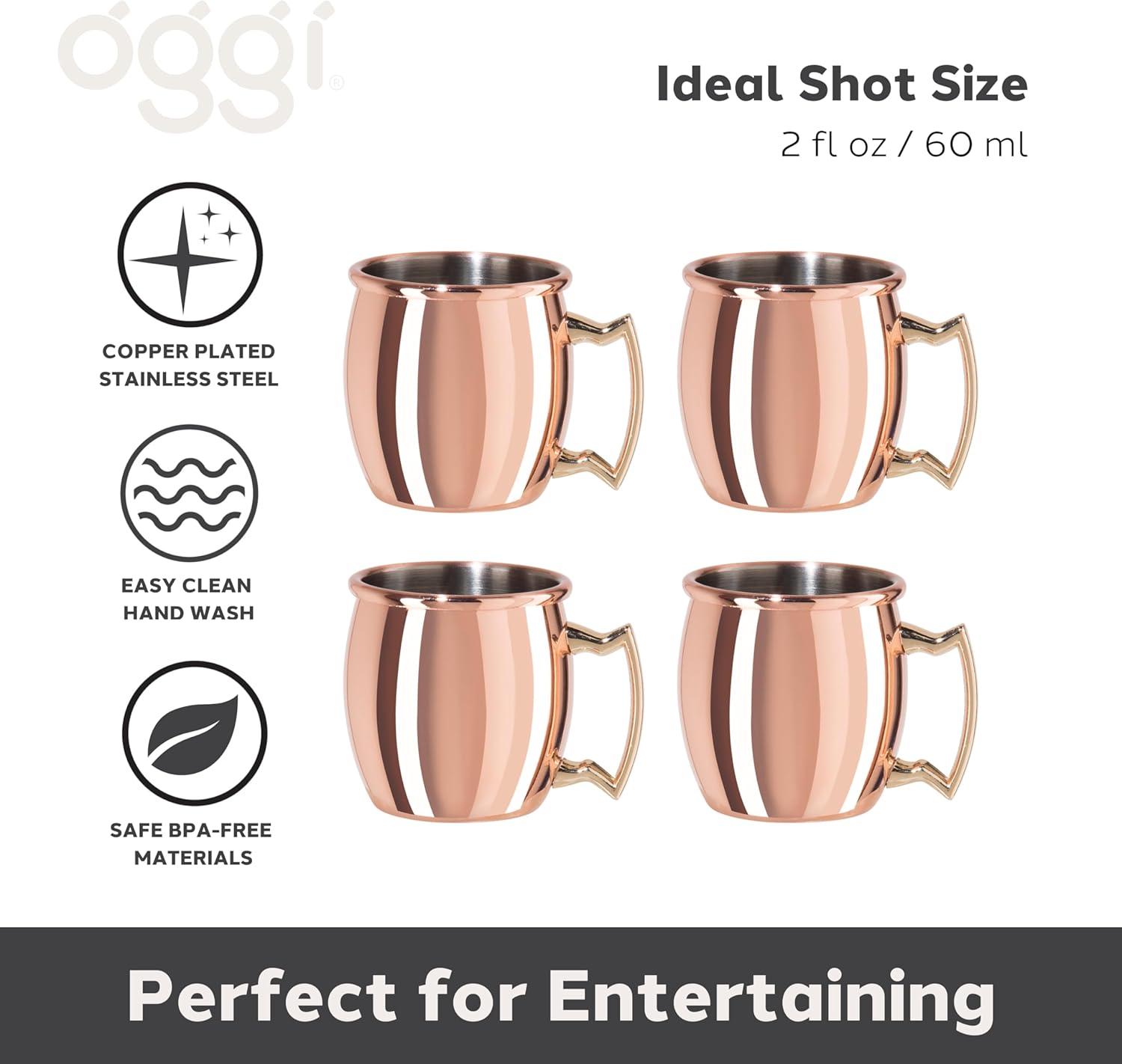imageOggi Set of 2 Hammered Stainless Steel Moscow Mule Mugs 18oz Copper Plated Moscow Mule Cups wEZGrip Handle Cocktail Cart ampamp Home Bar Accessories Great Kitchen Gifts2 oz Shot Set of 4