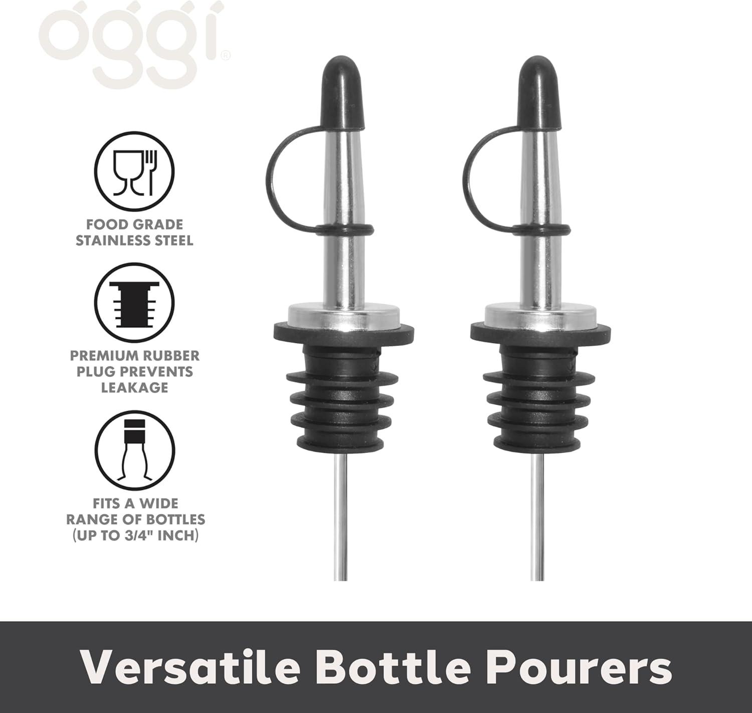 imageOggi Set of 2 Stainless Steel Classic Bottle Pourers with Tapered Spout  Liquor Pourers with Rubber Dust Caps Bar Accessories Bartender Kit Bottle Pour Spout