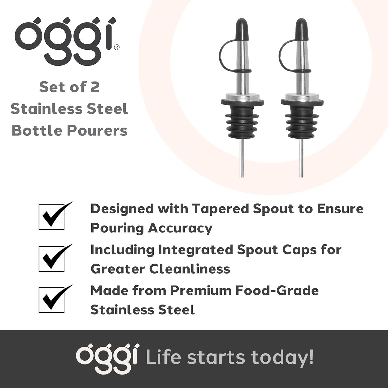 imageOggi Set of 2 Stainless Steel Classic Bottle Pourers with Tapered Spout  Liquor Pourers with Rubber Dust Caps Bar Accessories Bartender Kit Bottle Pour Spout
