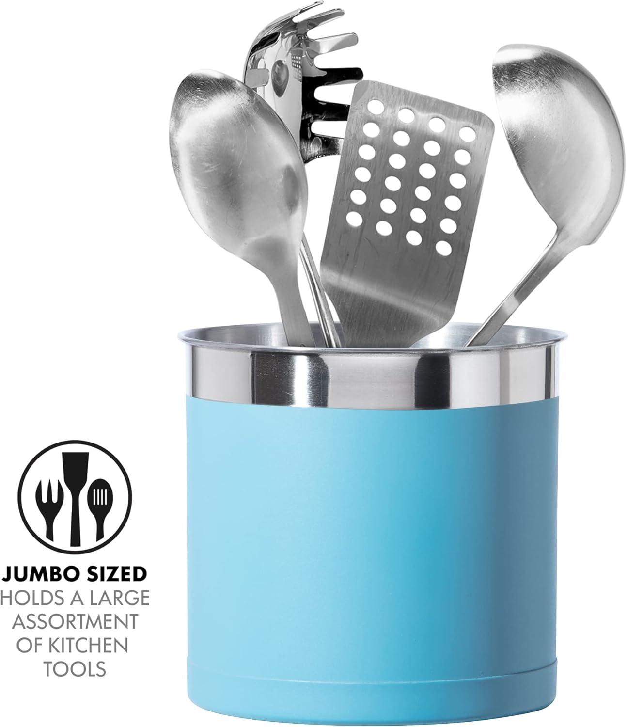 imageOggi Stainless Steel Jumbo Utensil Holder  7quot Utensil Caddy Weighted Base for Stability  Extra Large Utensil Crock and Countertop Utensil Organizer Charcoal 72111Turquoise  7