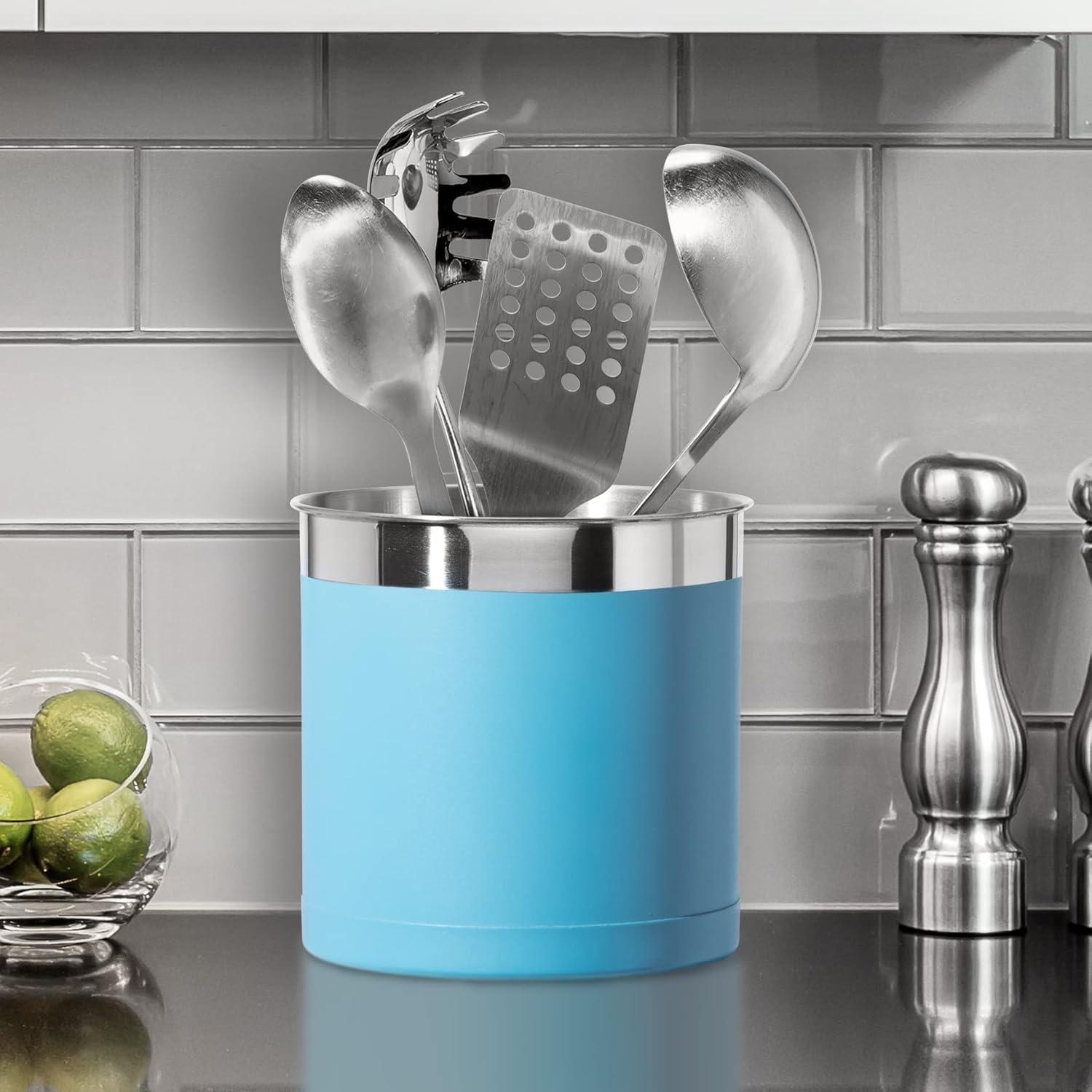 imageOggi Stainless Steel Jumbo Utensil Holder  7quot Utensil Caddy Weighted Base for Stability  Extra Large Utensil Crock and Countertop Utensil Organizer Charcoal 72111Turquoise  7