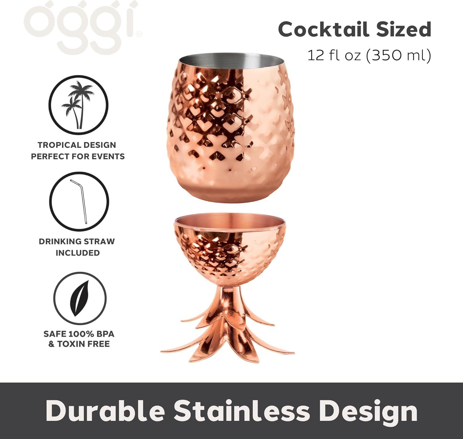 imageOggi Stainless Steel Pineapple Cup with Stand ampamp Lid 12oz Copper Plated Metal Pineapple Bar Accessories for Summer Cocktail Cups Make Great Drinking Gifts