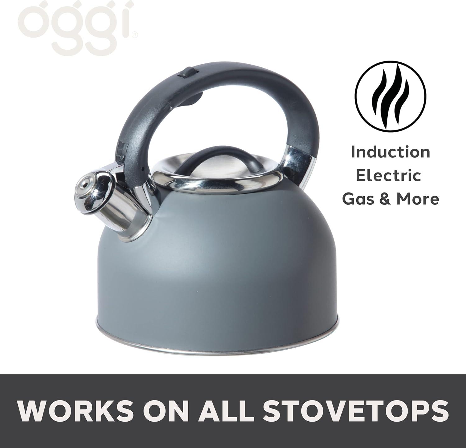 imageOGGI Tea Kettle for Stove Top  64oz  19lt Stainless Steel with Loud Whistle Ideal Hot Water Kettle and Water Boiler  GrayCharcoal