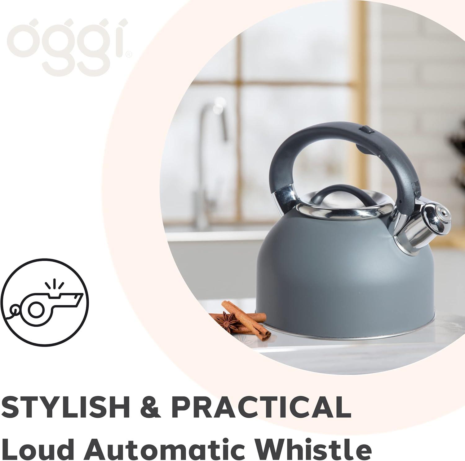 imageOGGI Tea Kettle for Stove Top  64oz  19lt Stainless Steel with Loud Whistle Ideal Hot Water Kettle and Water Boiler  GrayCharcoal