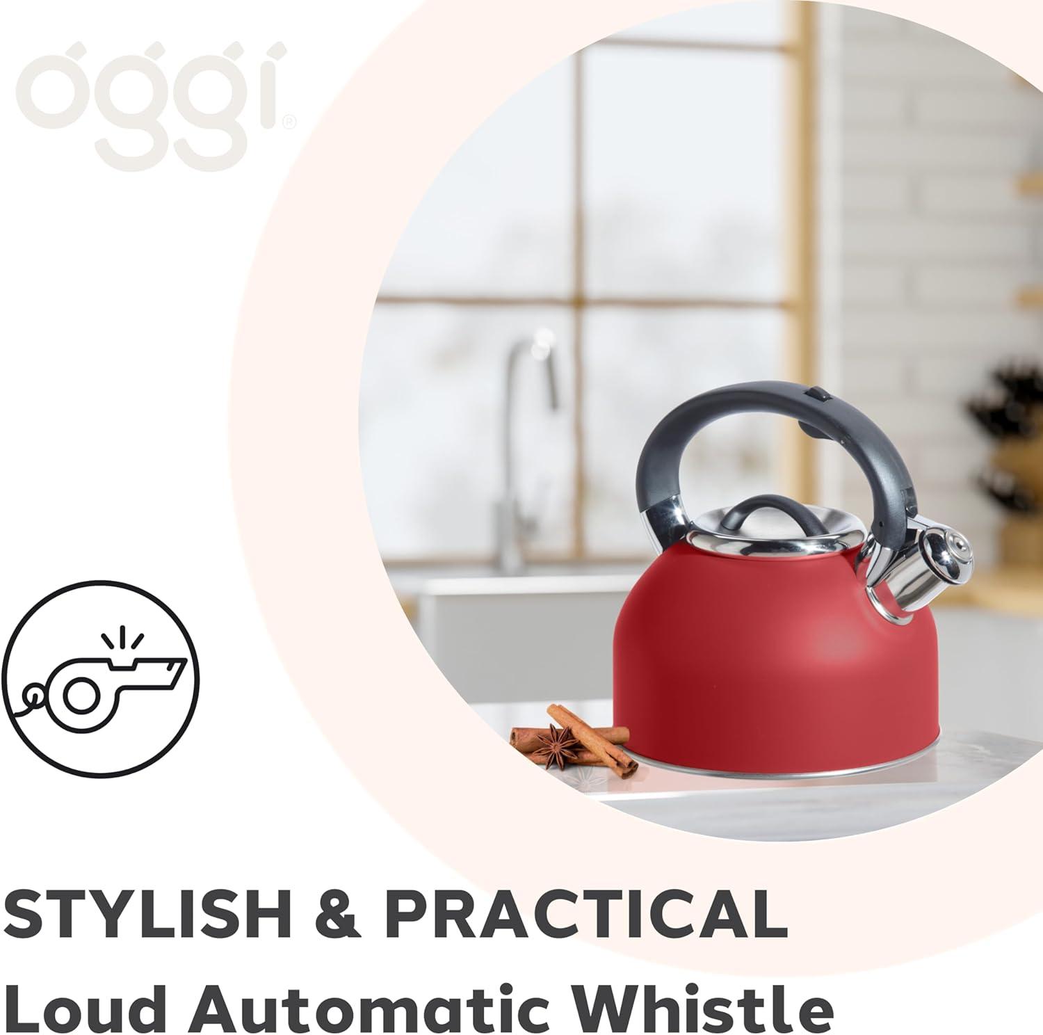 imageOGGI Tea Kettle for Stove Top  64oz  19lt Stainless Steel with Loud Whistle Ideal Hot Water Kettle and Water Boiler  Silver MirrorBrick Red