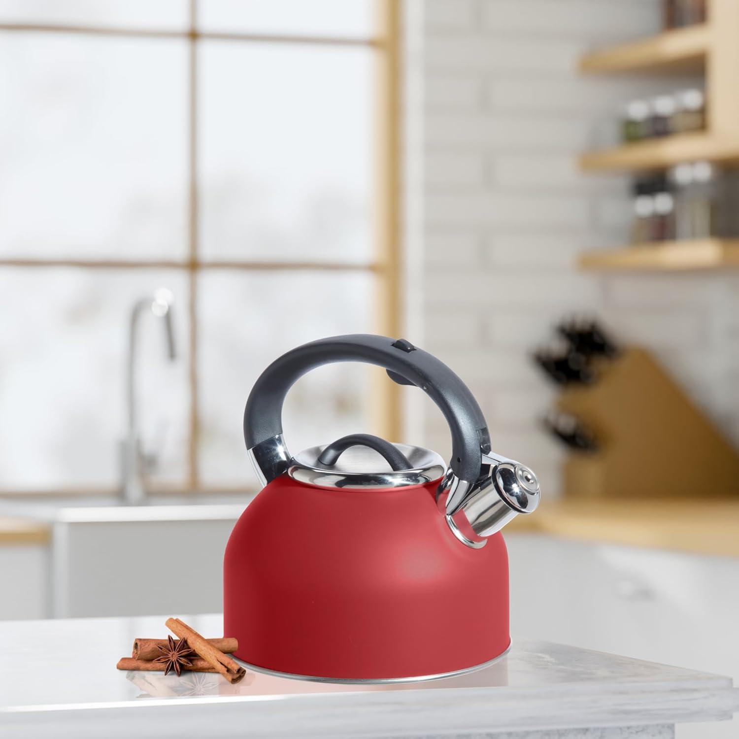 imageOGGI Tea Kettle for Stove Top  64oz  19lt Stainless Steel with Loud Whistle Ideal Hot Water Kettle and Water Boiler  Silver MirrorBrick Red