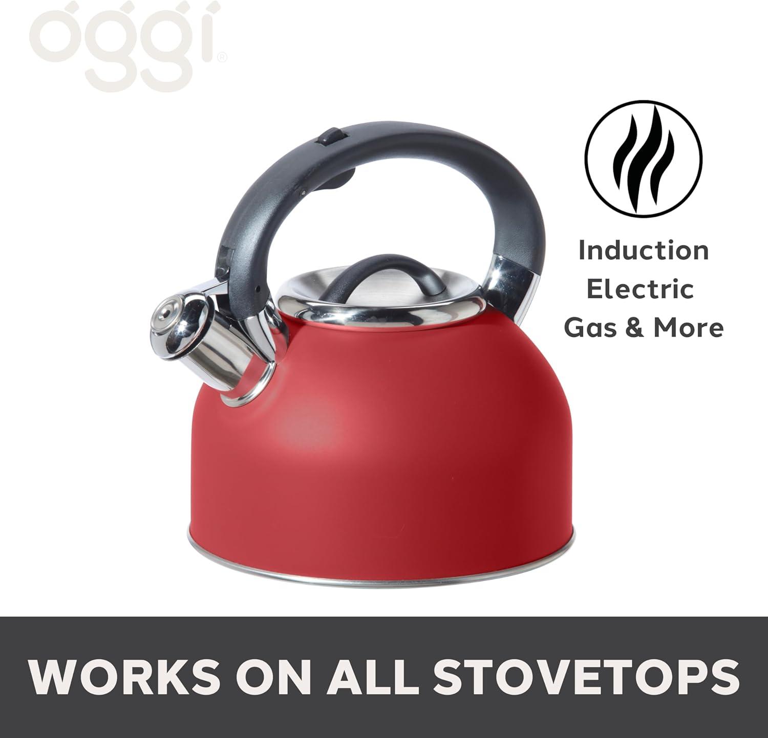 imageOGGI Tea Kettle for Stove Top  64oz  19lt Stainless Steel with Loud Whistle Ideal Hot Water Kettle and Water Boiler  Silver MirrorBrick Red