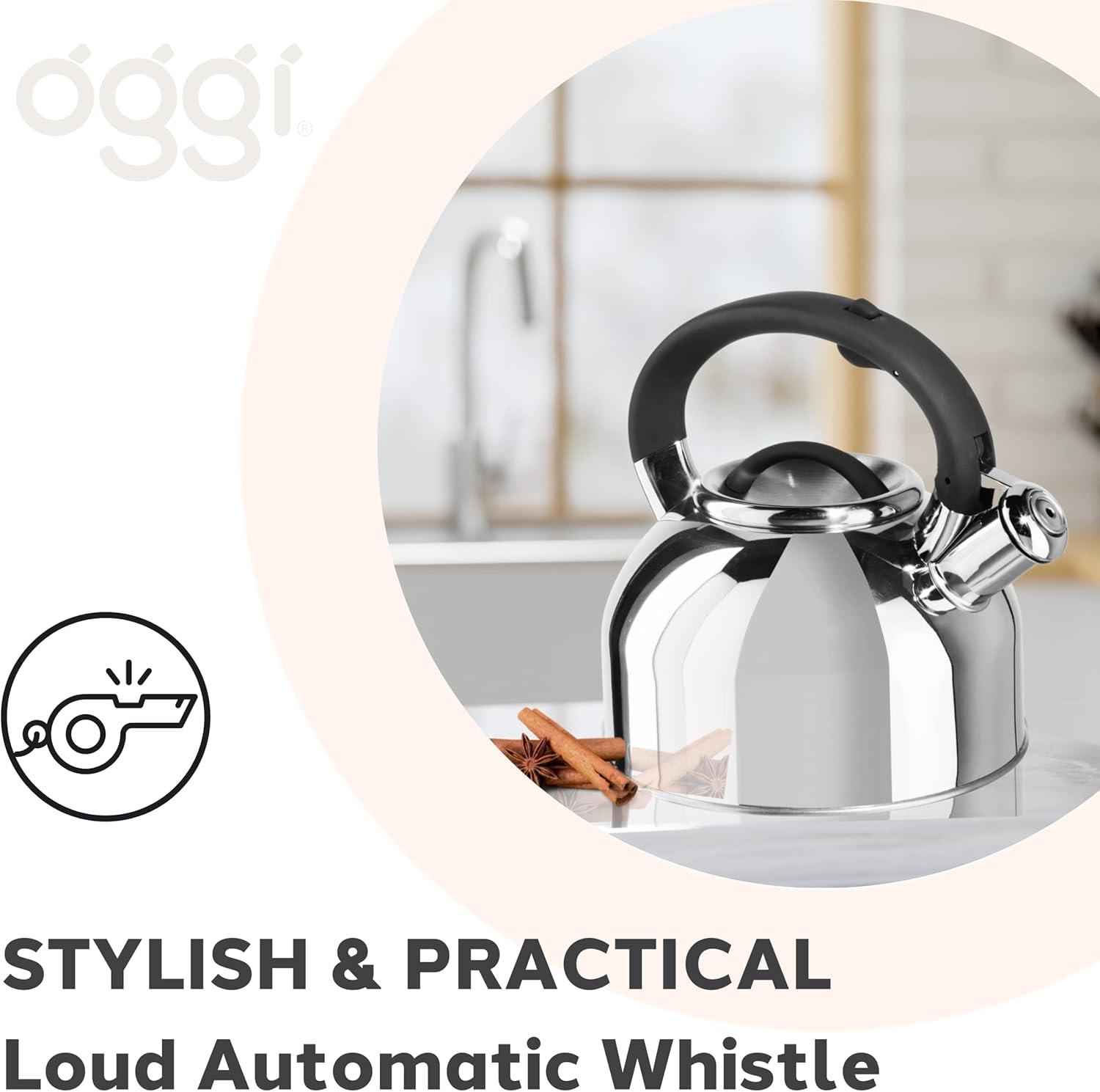imageOGGI Tea Kettle for Stove Top  64oz  19lt Stainless Steel with Loud Whistle Ideal Hot Water Kettle and Water Boiler  Silver MirrorSilver Mirror