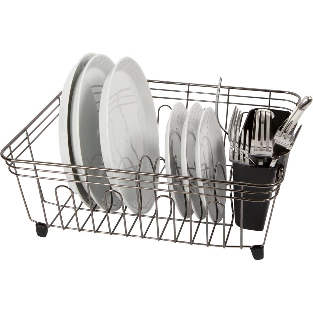imageOGGI Large Dish Drying Rack  White ampamp Bamboo Dish Drying Rack Drying Rack Kitchen Dish Rack Dish Racks for Kitchen Counter Durable Coated Steel Kitchen Drying Rack with Cutlery HolderBlack Chrome