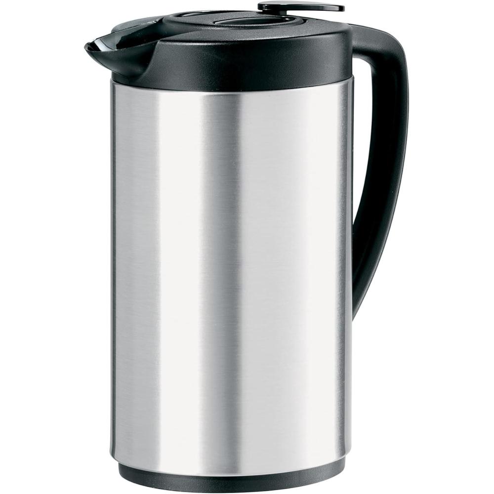 imageOGGI Oval Carafe Glass Liner  Stainless Steel Body 1 Liter  34oz Capacity  Ideal Glass Vacuum Coffee Carafe and Tea Thermos Press Button for Easy Pouring  StainlessStainless Steel