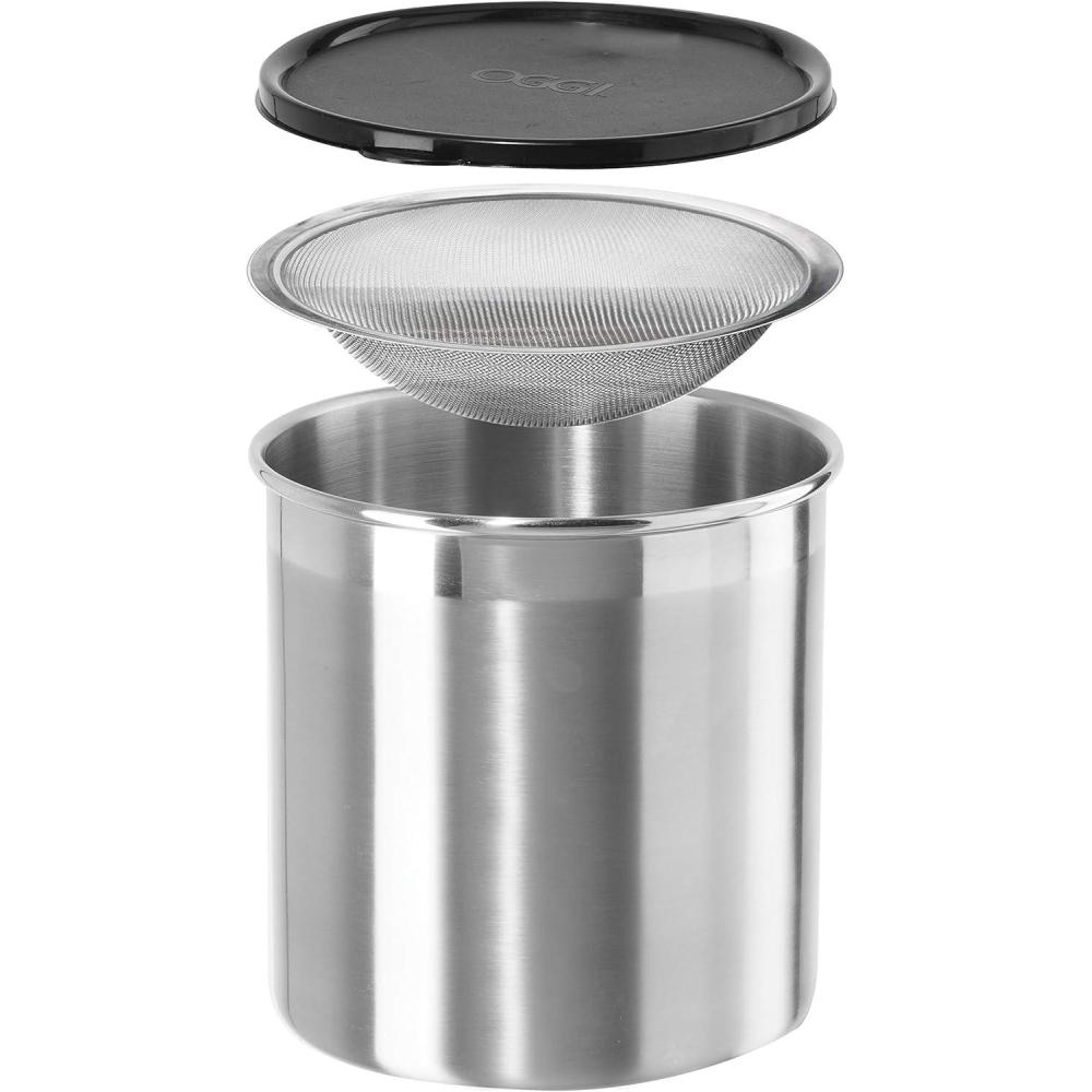 imageOGGI Stainless Steel Grease Container with Handle Removable Strainer and Flip Top Lid Perfect container for fryer oil bacon drippings lard and ghee oil Can capacity  025 Gall  1 Qt  095 Lt1 Gallon  4 Quart  375 Liter