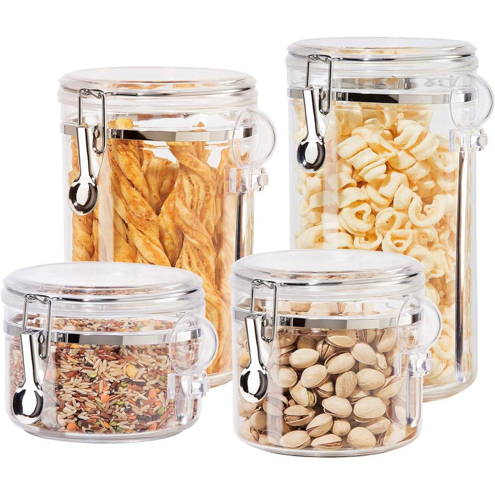imageOggi 4pc Clear Canister Set with Clamp Lids ampamp Spoons  Airtight Food Storage Containers Ideal for Kitchen ampamp Pantry Storage of Bulk Dry Food Including Flour Sugar Coffee Rice Tea Spices ampamp Herbs4Piece Set