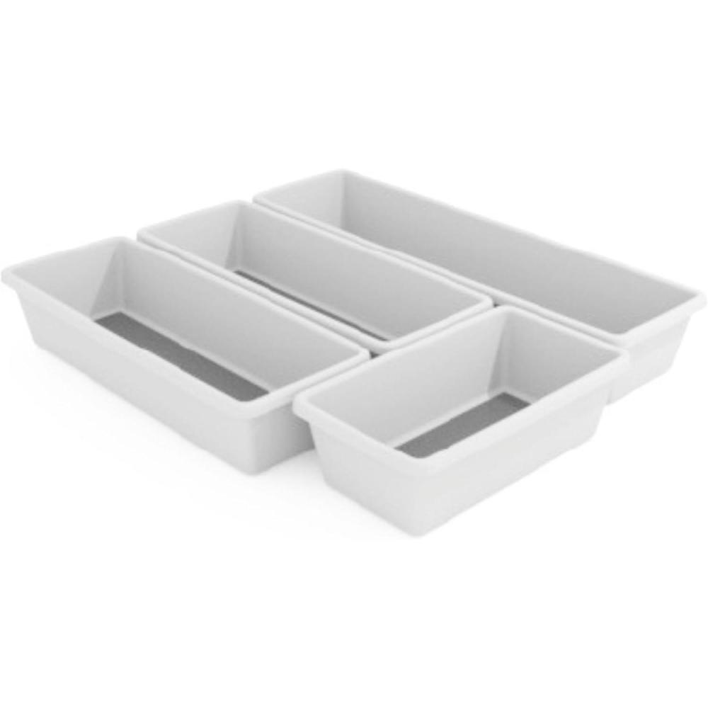 imageOggi Set of 4 White Drawer Organizers  1 3x625 2 3x95 1 3x125  Ideal for Organizing Kitchen Drawers Office Desk Silverware Kitchen Utensils Cosmetics and Bathrooms