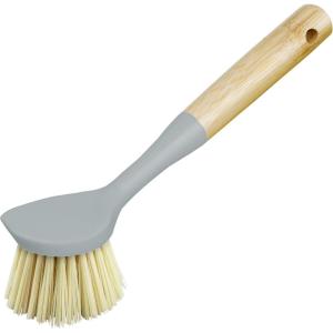 imageOGGI Natural Bamboo Dish Brush  NonScratch Odorless Nylon Bristles Durable Scrub Brush with Scraper for Grease ampamp Grime Safe Cleaning Brush for NonStick Cookware  Orange Accent ColorGray