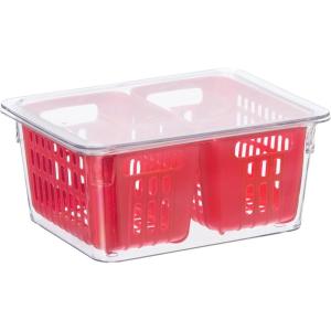 imageOggi Berry Container for Fridge  Double Colander Basket  Ideal Berry Containers for Fridge Includes Berry Colander Insert 875quot x 675quot x 375quot RedRed