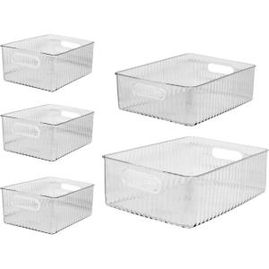 imageOggi Set of 5 Clear Fluted Storage Bins with Handle  Durable Plastic Organizers for Fridge Pantry Cabinets ampamp Countertop Modern Farmhouse Style 5 Sizes for Kitchen Organization and Storage