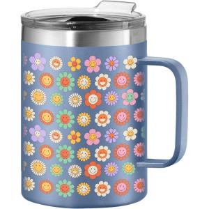 imageOggi ThermoMug Stainless Steel Insulated Mug Double Wall Vacuum Insulated wHandle ampamp Lid Coffee Cup Camping Mug Travel Thermos 14oz420ml Happy FlowersHappy Flowers