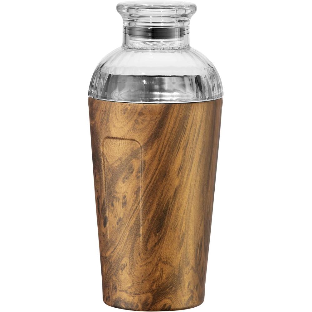 imageOGGI Groove Insulated Cocktail Shaker17oz Double Wall Vacuum Insulated Stainless Steel Tritan Lid has Built In Strainer Ideal Cocktail Mixer Martini Shaker Margarita Shaker Gold MarbleWood Grain