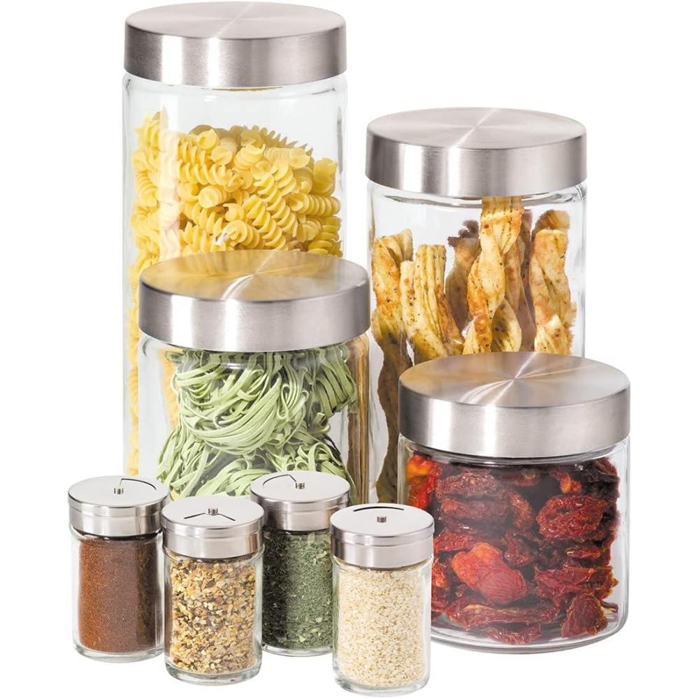 imageOggi 8 Piece Airtight Glass Storage Containers and Spice Jar Set  with 4 Glass Kitchen Canisters ampamp 4 Glass Spice Jars with Stainless Steel Lids  Sleek Kitchen Storage Pantry Storage Food Storag8Piece