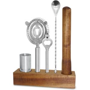 imageOGGI 6Piece Slim Bartender Kit  Ideal Bar Cart Accessories Great Decor and Accessories for the Home Bar Bartending Kit  Acacia Base ampamp Muddler Stainless Stirrer Opener Jigger Cocktail Strainer