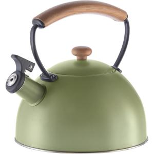 imageOGGI Tea Kettle for Stove Top  85oz  25lt Stainless Steel with Loud Whistle ampamp StayCool Wood Handle Ideal Hot Water Kettle and Water Boiler  Warm GrayGreen
