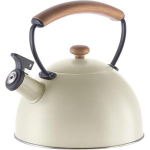 imageOGGI Tea Kettle for Stove Top  85oz  25lt Stainless Steel with Loud Whistle ampamp StayCool Wood Handle Ideal Hot Water Kettle and Water Boiler  Warm GrayWarm Gray