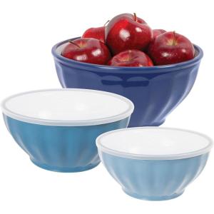 imageOggi Set of 3 Ribbed Mixing Bowls with Lids  Nested Plastic Bowls for Kitchen Durable Mixing Bowls Set BPAFree Plastic Bowls with Lids  16 26 37 Qt