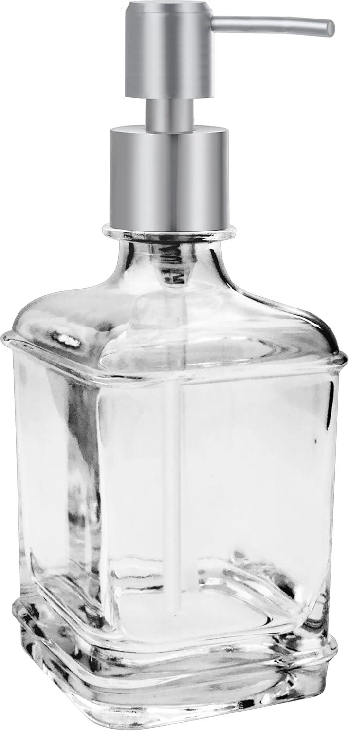 imageOGGI 10oz Square Glass Soap Dispenser with Satin Silver Pump  Modern Refillable Oggi Soap Dispenser for Bathroom Kitchen Sink or Hand Sanitizer  RustResistant Dispenser PumpClear