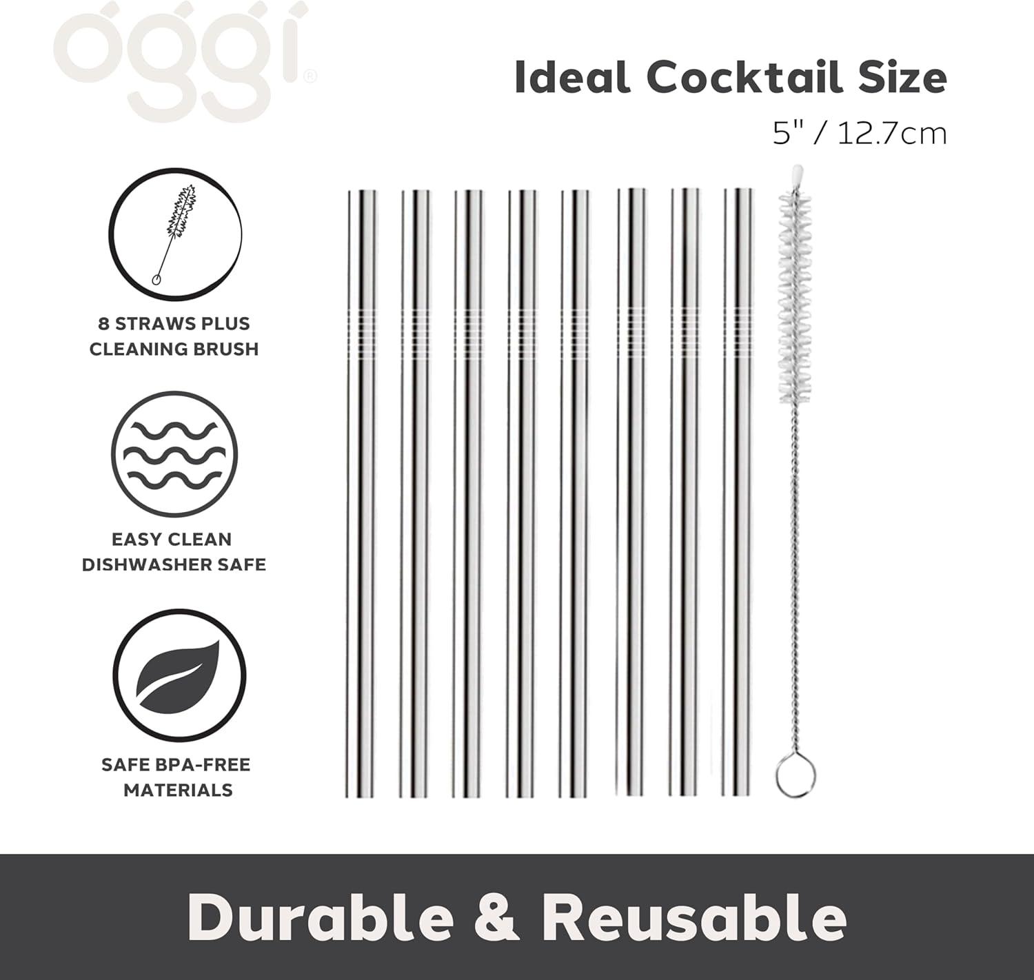 imageOGGI Set of 8 Wide Stainless Steel Drinking Straws 5quot Reusable Bar Straws ampamp Cleaner Brush Ideal Cocktail Straw Make Great Gifts