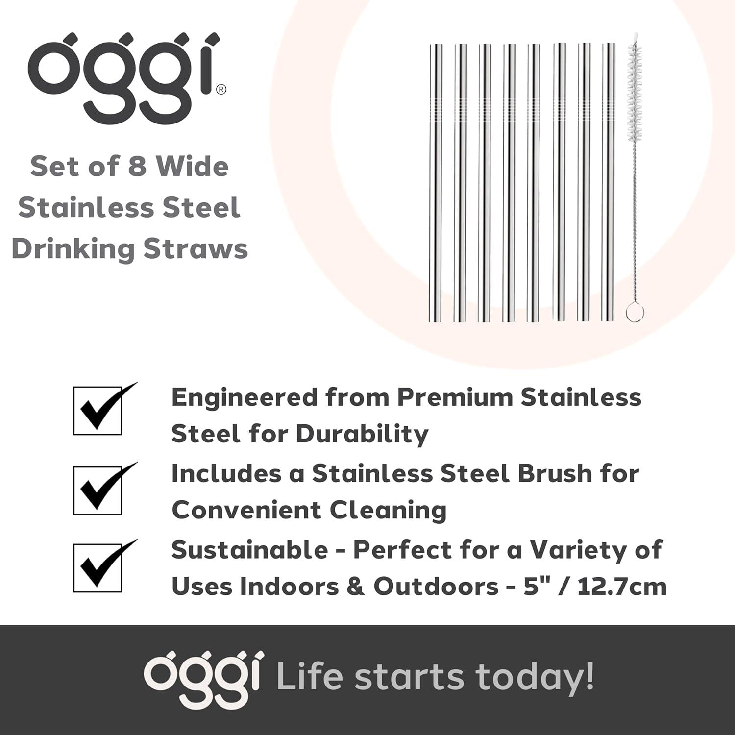 imageOGGI Set of 8 Wide Stainless Steel Drinking Straws 5quot Reusable Bar Straws ampamp Cleaner Brush Ideal Cocktail Straw Make Great Gifts