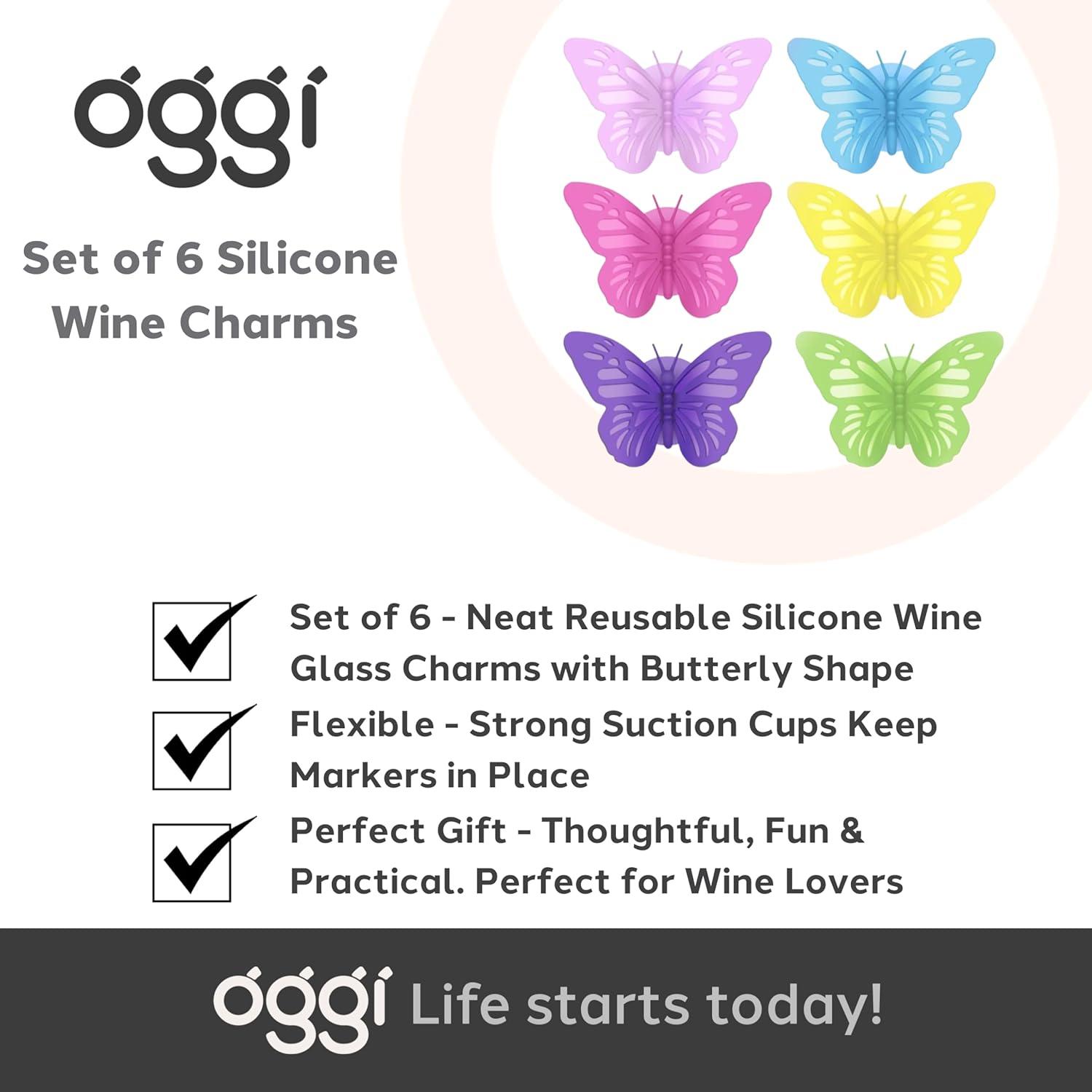 imageOggi Set of 6 Silicone Butterfly Suction Wine Glass Charms  Reusable Glass Markers Multicolor Drink Markers for Parties Gifts for Wine Lovers EasyUse Charms