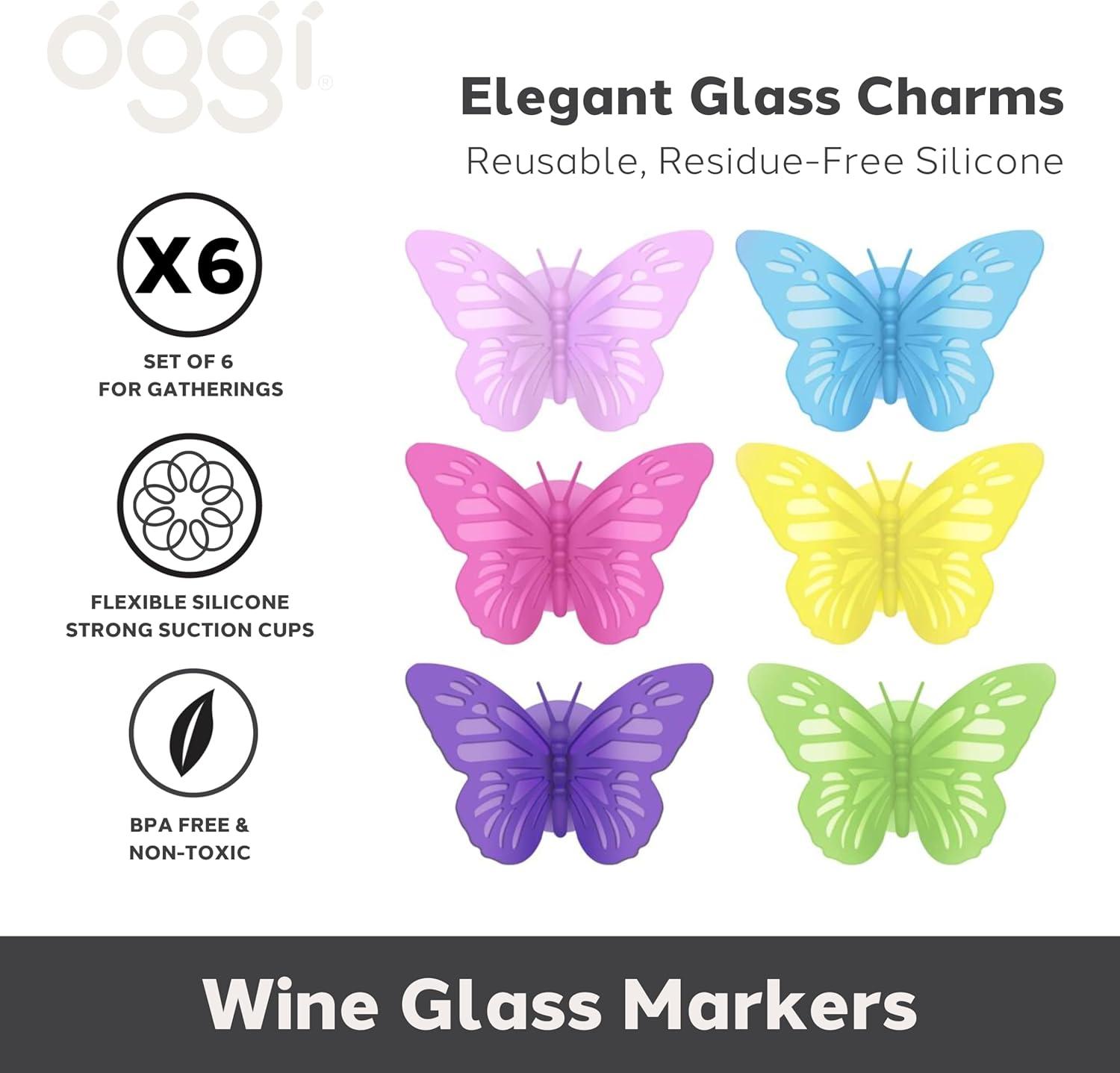 imageOggi Set of 6 Silicone Butterfly Suction Wine Glass Charms  Reusable Glass Markers Multicolor Drink Markers for Parties Gifts for Wine Lovers EasyUse Charms