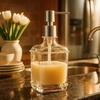 image:imageOGGI 10oz Faceted Glass Soap Dispenser with Satin Silver Pump  Elegant Refillable Oggi Soap Dispenser for Bathroom Kitchen Sink or Hand Sanitizer  RustResistant Dispenser PumpClear